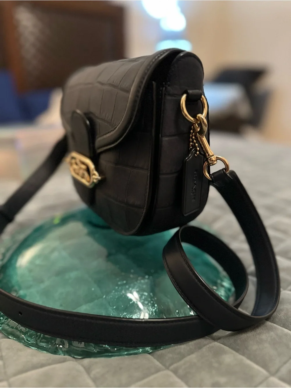 COACH Jade Saddle Bag Black Crocodile Embossed Leather Crossbody 91068
